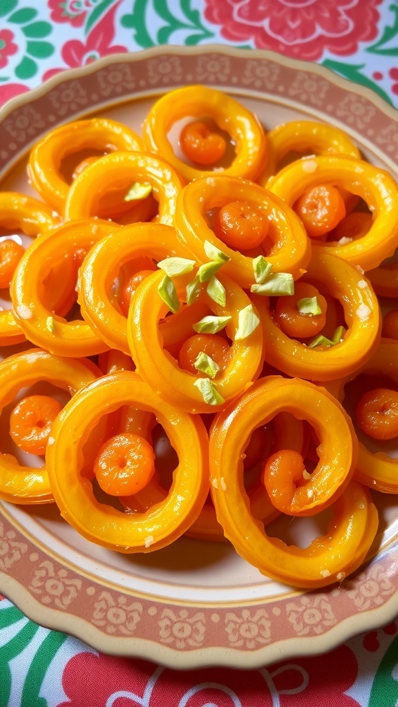Crispy golden jalebi spirals soaked in sugar syrup, garnished with pistachios on a decorative plate.